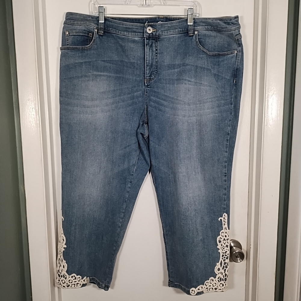 INC Intl Concepts Womens 24W Crop Jeans Straight Leg Tummy Panel Slim Crochet